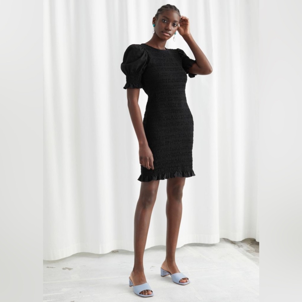 & Other Stories Black Smocked Puff Sleeve Mini Dress